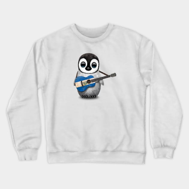 Baby Penguin Playing El Salvador Flag Guitar Crewneck Sweatshirt by jeffbartels